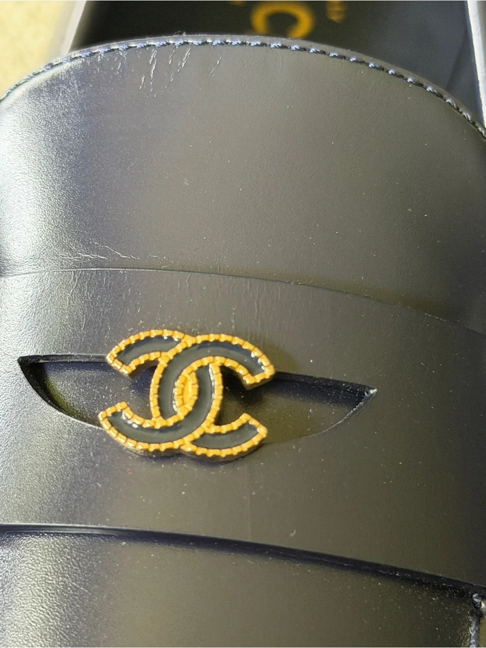 CHANEL Navy Leather CC Logo Penny Loafers Womens 39.5 New